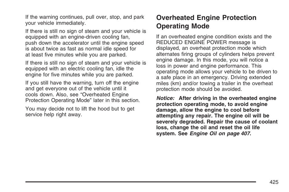 Overheated engine protection operating mode, Overheated engine protection, Operating mode | Cadillac 2007 User Manual | Page 425 / 580