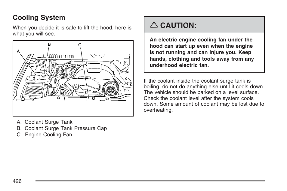 Cooling system, Cooling, System | Caution | Cadillac 2007 User Manual | Page 426 / 580