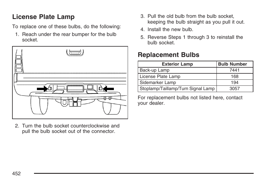 License plate lamp, Replacement bulbs, License plate lamp replacement bulbs | Cadillac 2007 User Manual | Page 452 / 580