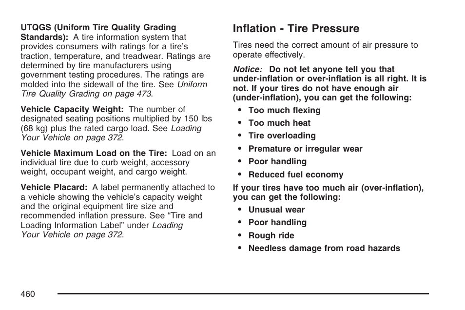 Inflation - tire pressure | Cadillac 2007 User Manual | Page 460 / 580