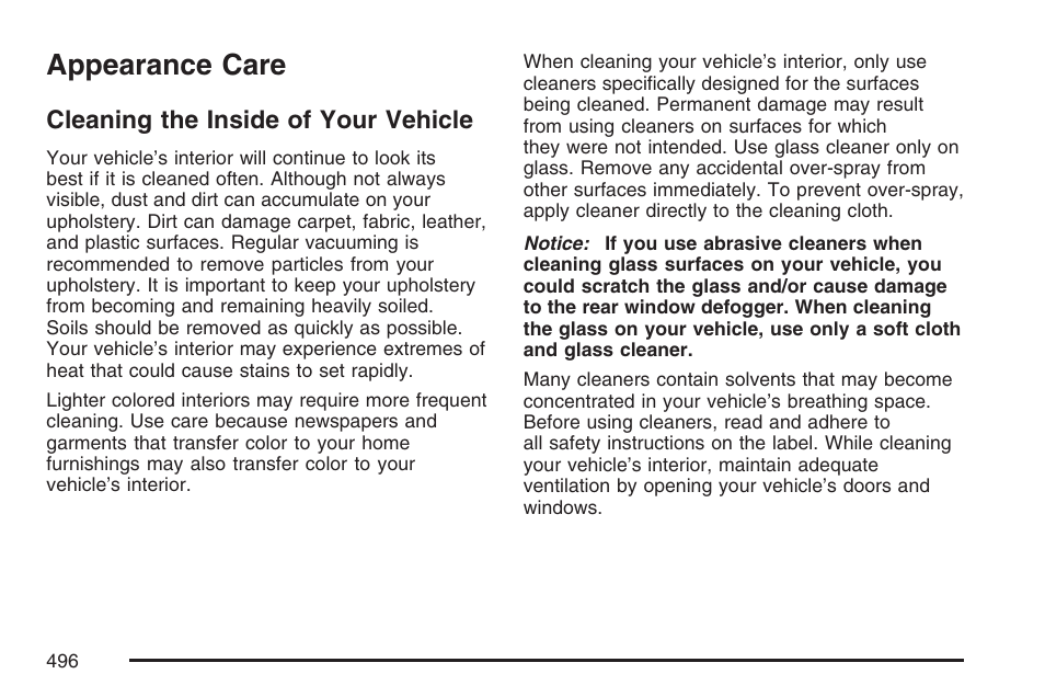 Appearance care, Cleaning the inside of your vehicle | Cadillac 2007 User Manual | Page 496 / 580