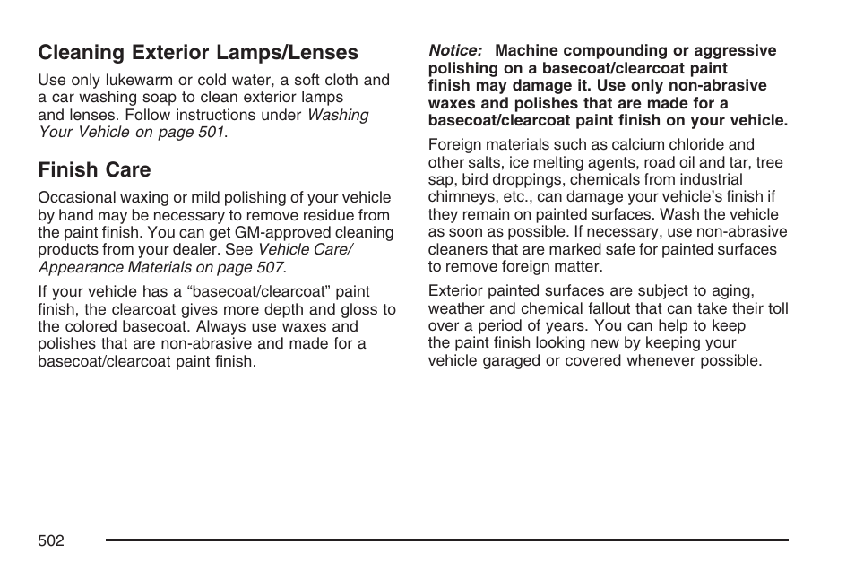 Cleaning exterior lamps/lenses, Finish care, Cleaning exterior lamps/lenses finish care | Cadillac 2007 User Manual | Page 502 / 580