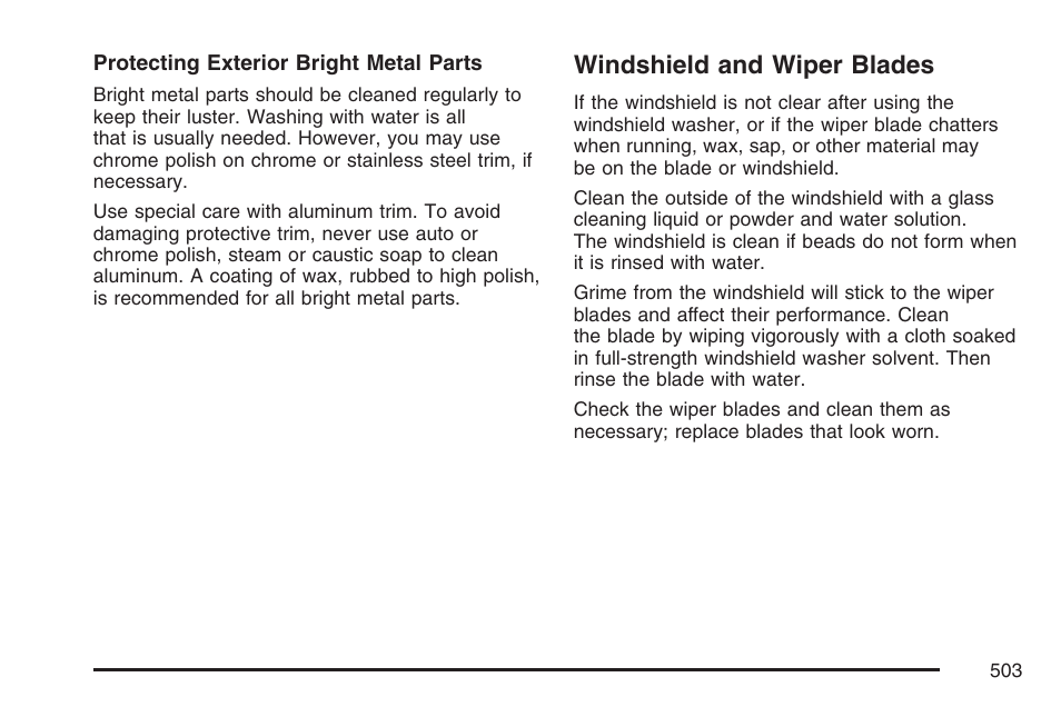 Windshield and wiper blades | Cadillac 2007 User Manual | Page 503 / 580