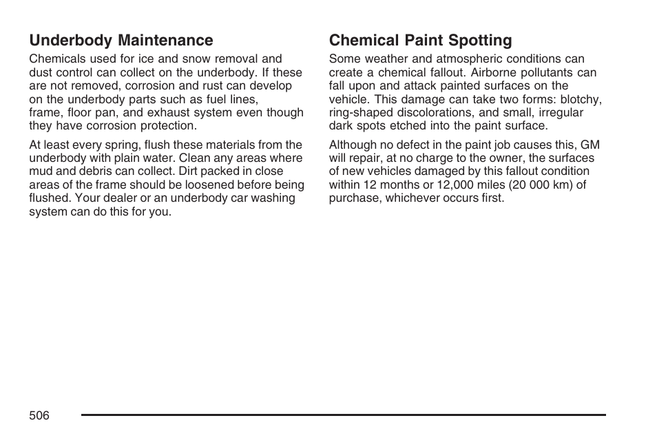 Underbody maintenance, Chemical paint spotting, Underbody maintenance chemical paint spotting | Cadillac 2007 User Manual | Page 506 / 580