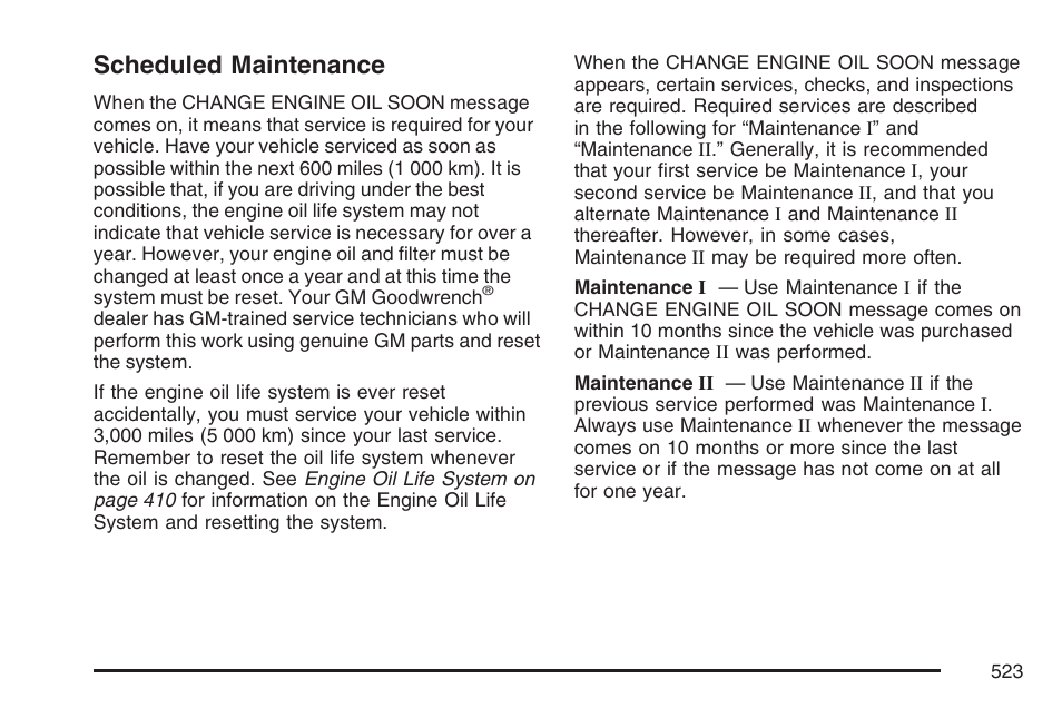 Scheduled maintenance | Cadillac 2007 User Manual | Page 523 / 580