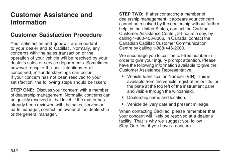 Customer assistance and information, Customer satisfaction procedure, Customer assistance and | Information | Cadillac 2007 User Manual | Page 542 / 580
