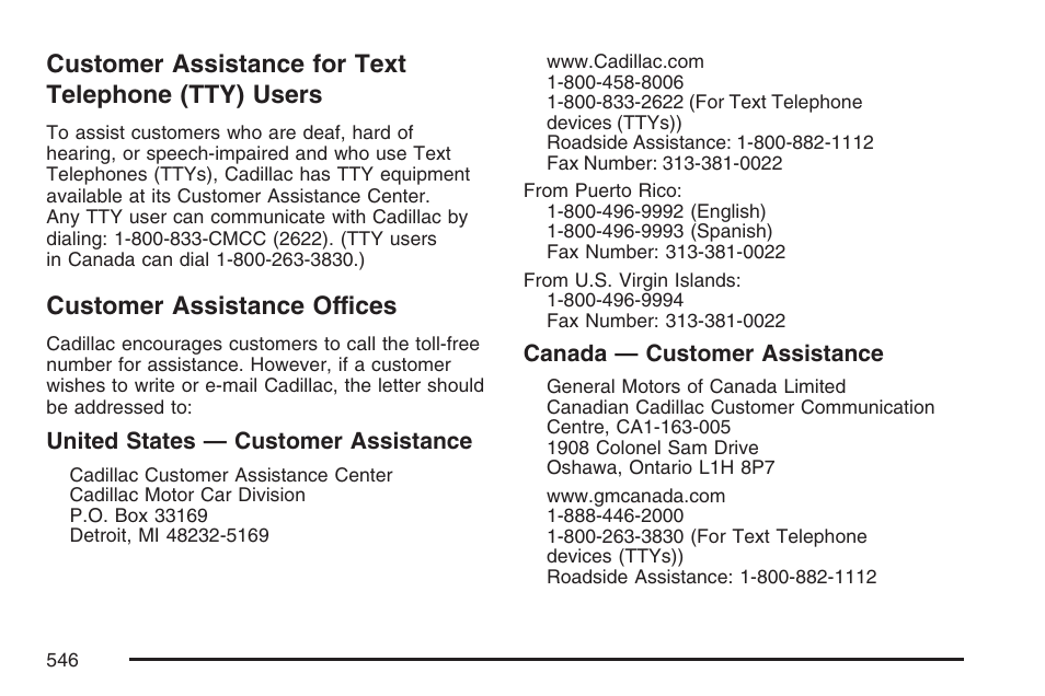 Customer assistance for text telephone (tty) users, Customer assistance offices, Customer assistance for text | Telephone (tty) users | Cadillac 2007 User Manual | Page 546 / 580