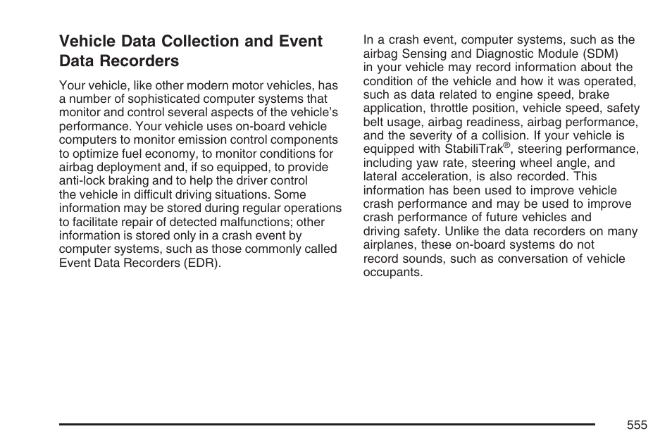 Vehicle data collection and event data recorders, Vehicle data collection and event data, Recorders | Cadillac 2007 User Manual | Page 555 / 580