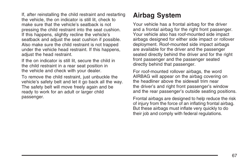 Airbag system | Cadillac 2007 User Manual | Page 67 / 580