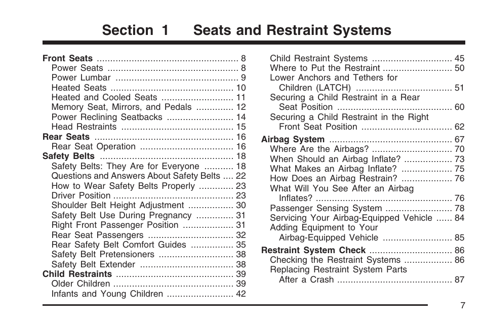 Seats and restraint systems | Cadillac 2007 User Manual | Page 7 / 580