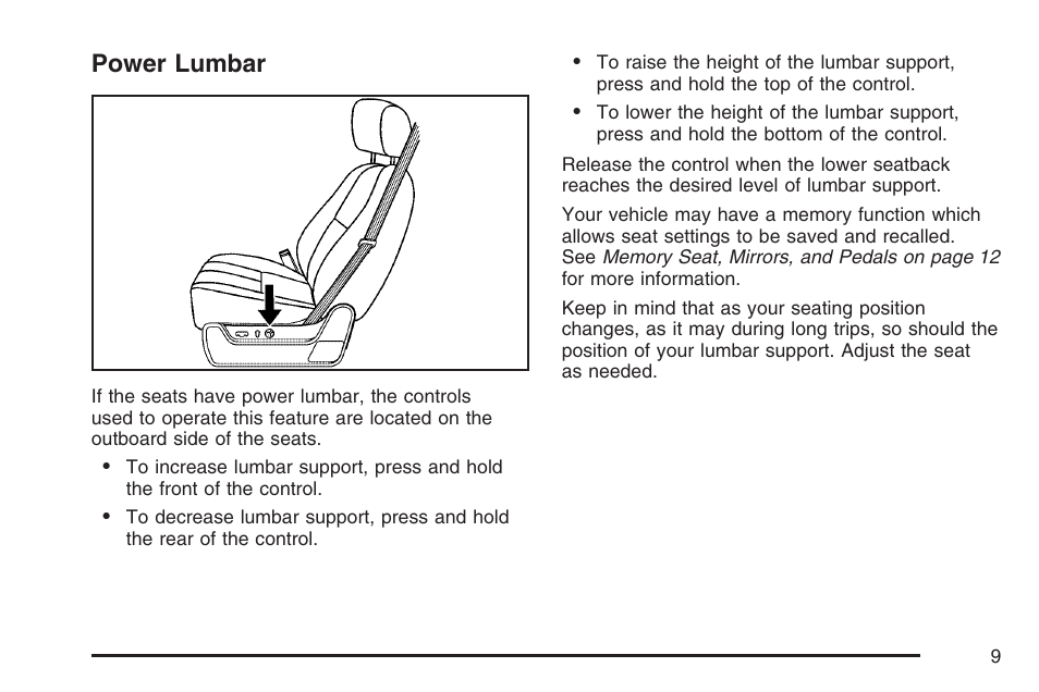 Power lumbar | Cadillac 2007 User Manual | Page 9 / 580