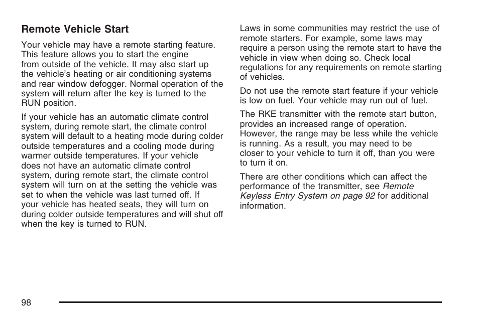 Remote vehicle start | Cadillac 2007 User Manual | Page 98 / 580