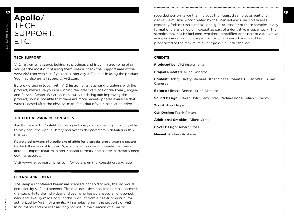 Apollo / tech support, etc | Vir2 Instruments Apollo Manual User Manual | Page 22 / 23