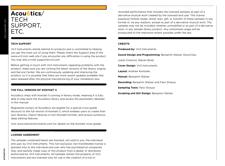 Acou 6 tics / tech support, etc | Vir2 Instruments Acou6tics Quick start Guide User Manual | Page 4 / 5