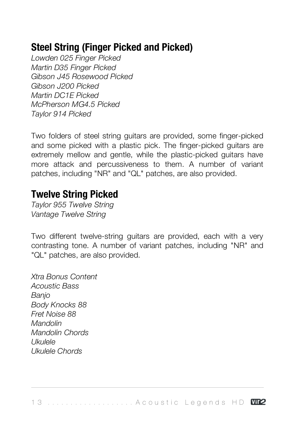 Steel string (finger picked and picked), Twelve string picked, Xtra bonus content | Vir2 Instruments Acoustic Legends HD User Manual | Page 13 / 74