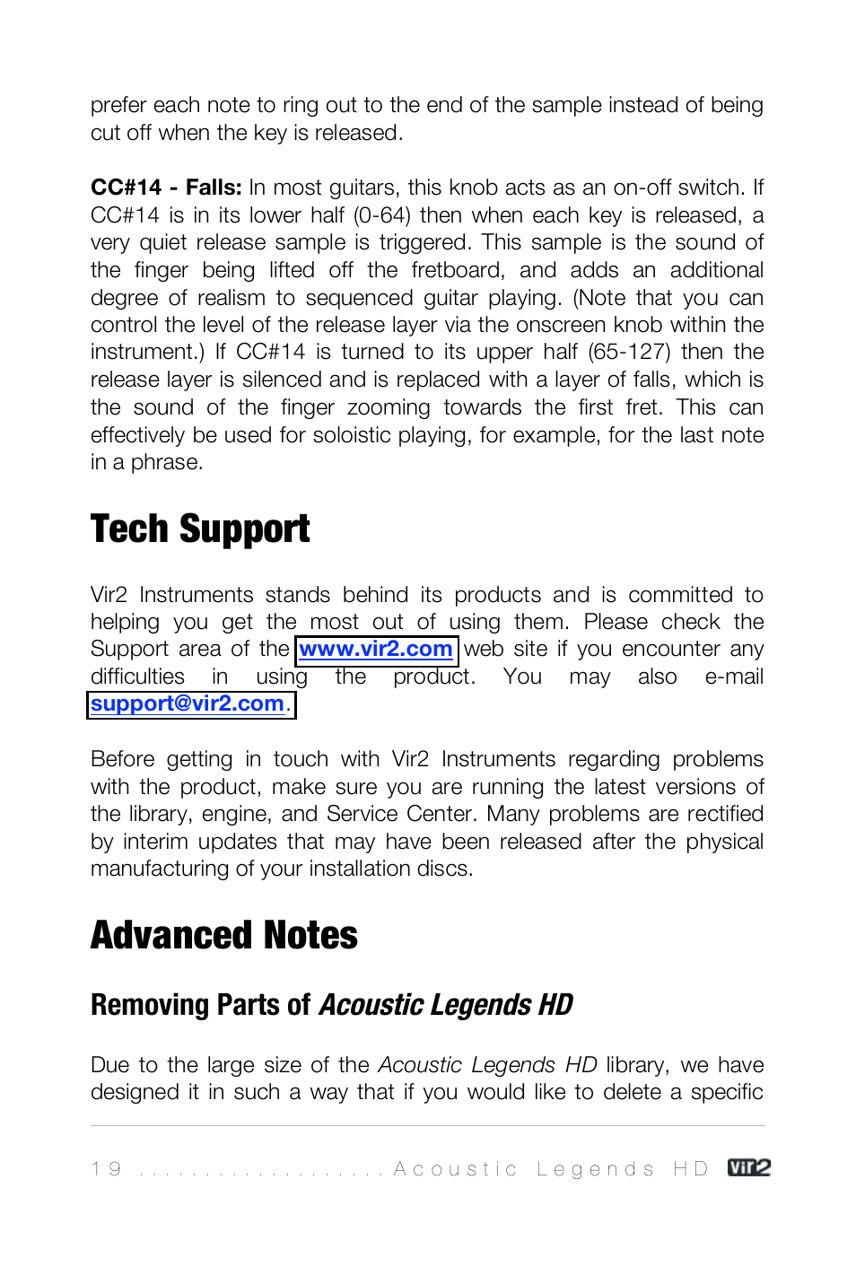 Tech support, Advanced notes, Removing parts of acoustic legends hd | Acoustic legends hd, Removing parts of | Vir2 Instruments Acoustic Legends HD User Manual | Page 19 / 74