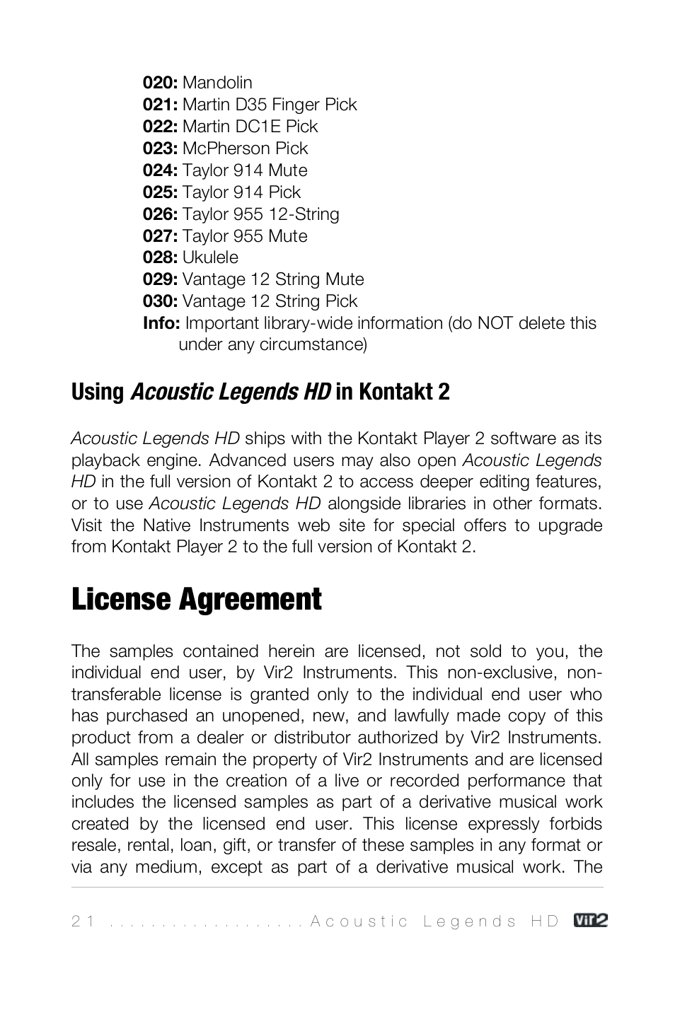 Using acoustic legends hd in kontakt 2, License agreement, Acoustic legends hd | Using | Vir2 Instruments Acoustic Legends HD User Manual | Page 21 / 74