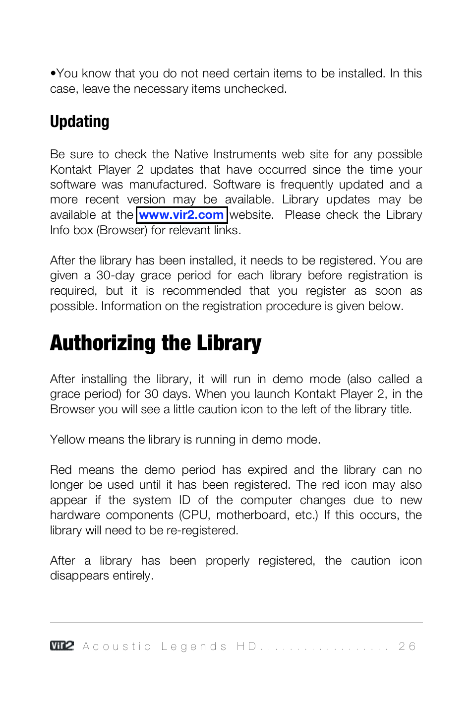 Updating, Authorizing the library | Vir2 Instruments Acoustic Legends HD User Manual | Page 26 / 74