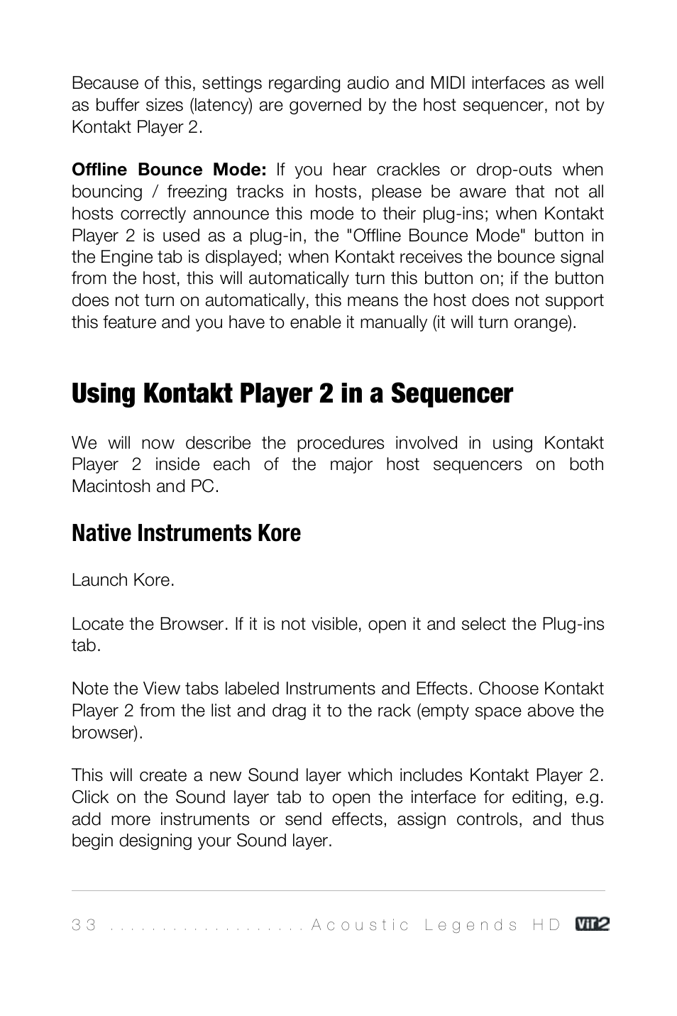 Using kontakt player 2 in a sequencer, Native instruments kore | Vir2 Instruments Acoustic Legends HD User Manual | Page 33 / 74
