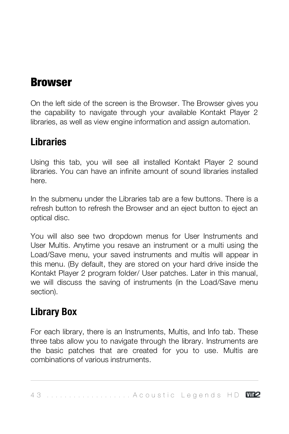 Browser, Libraries, Library box | Vir2 Instruments Acoustic Legends HD User Manual | Page 43 / 74