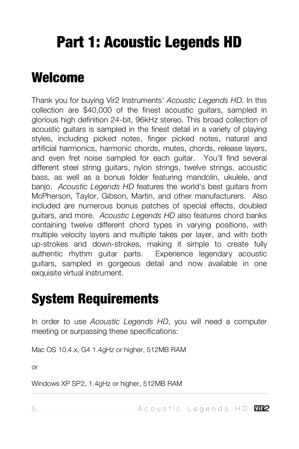 Part 1: acoustic legends hd, Welcome, System requirements | Vir2 Instruments Acoustic Legends HD User Manual | Page 5 / 74