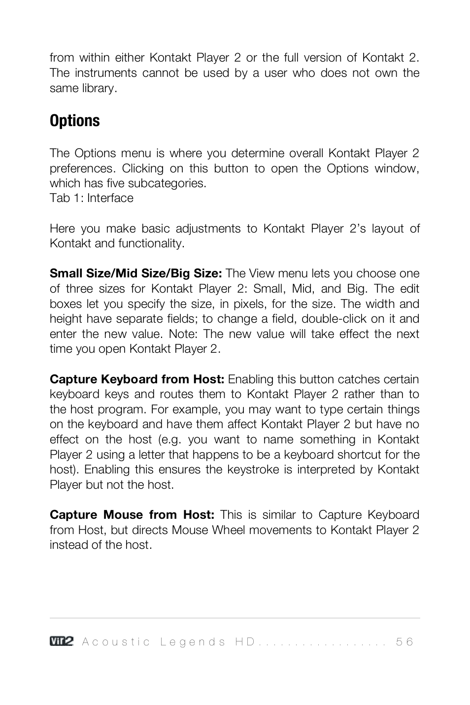 Options | Vir2 Instruments Acoustic Legends HD User Manual | Page 56 / 74