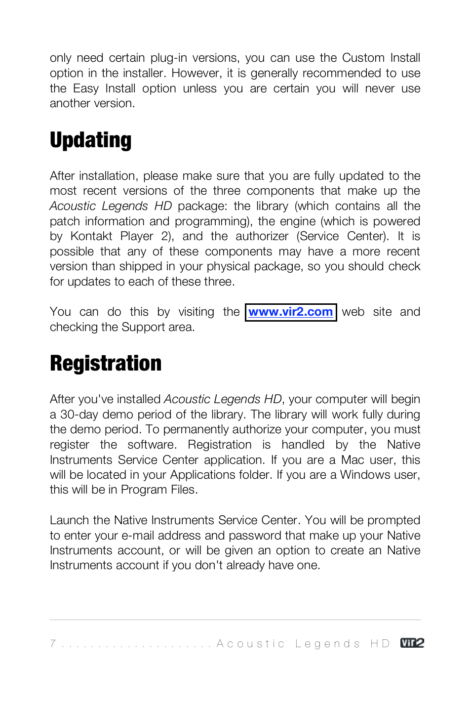 Updating, Registration | Vir2 Instruments Acoustic Legends HD User Manual | Page 7 / 74