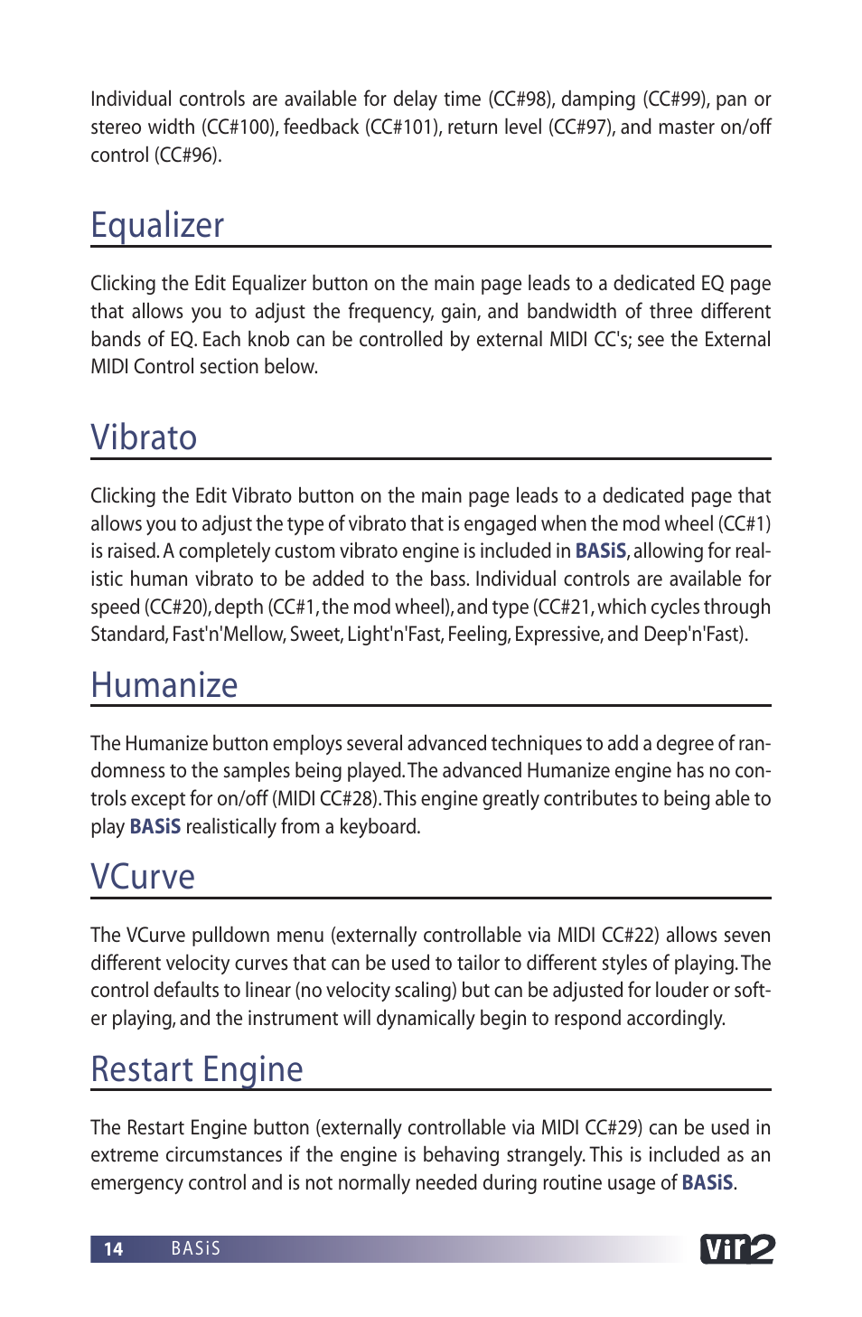 Equalizer, Vibrato, Humanize | Vcurve, Restart engine | Vir2 Instruments BASiS User Manual | Page 14 / 22