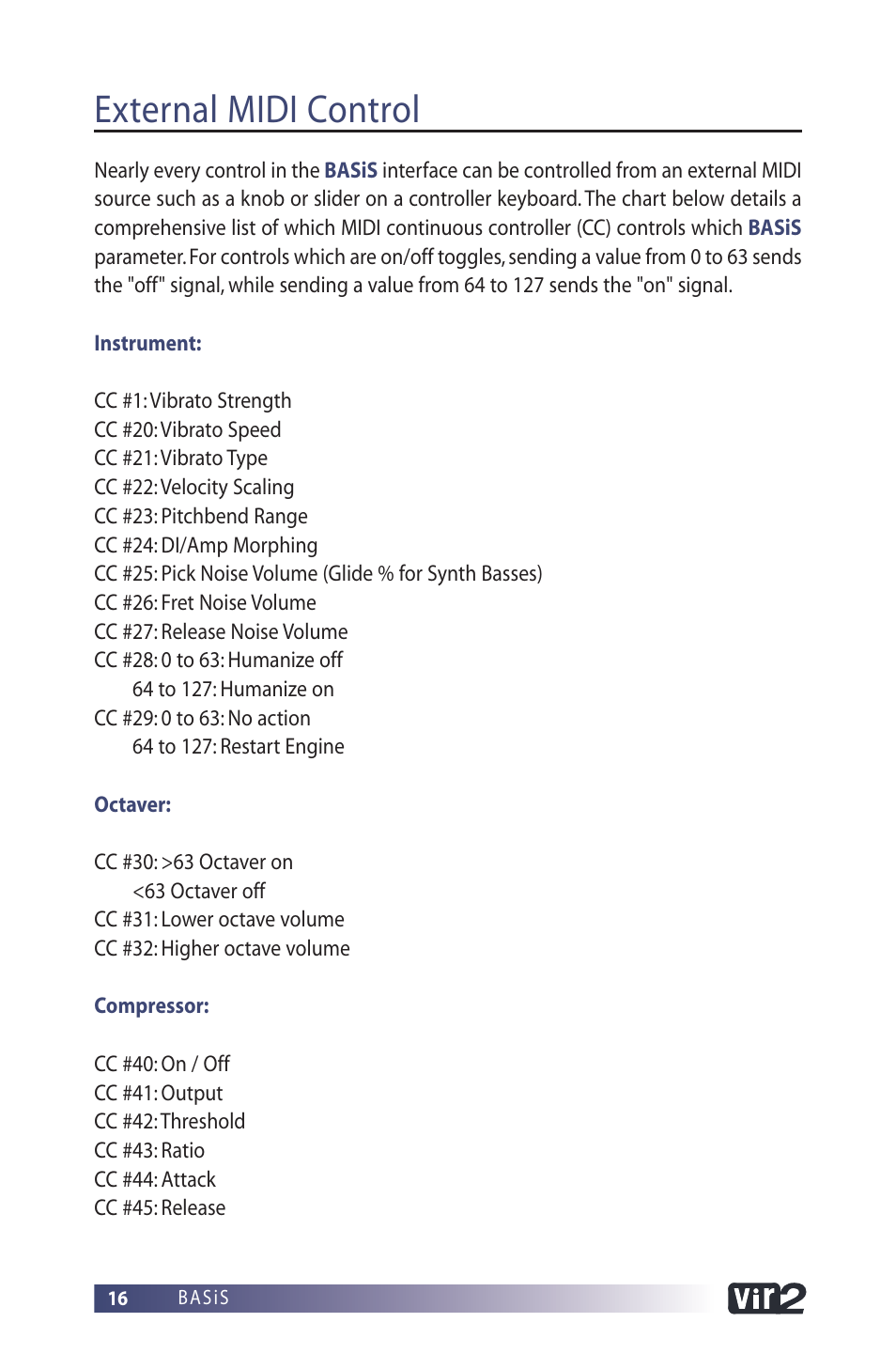 External midi control | Vir2 Instruments BASiS User Manual | Page 16 / 22