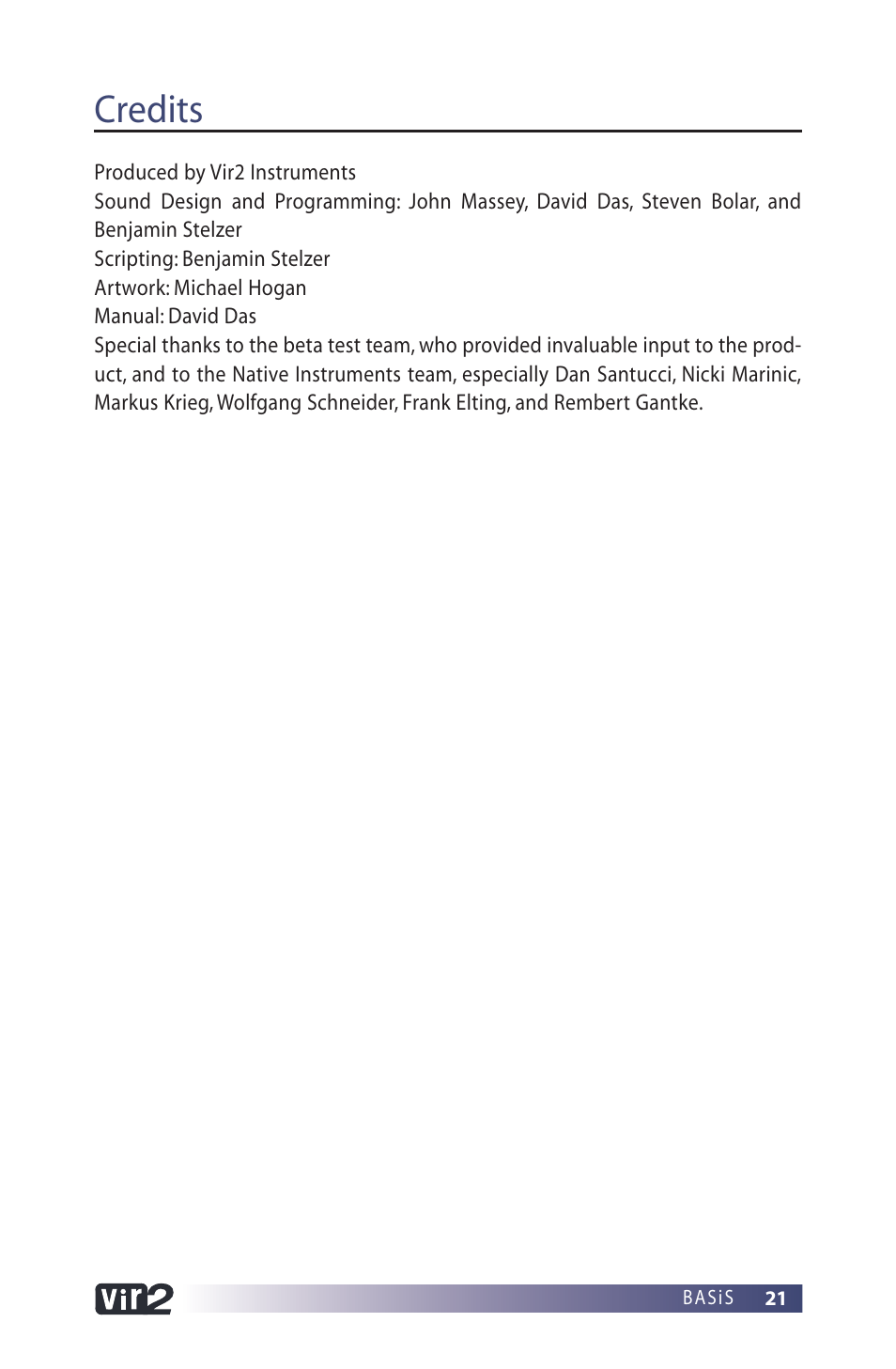 Credits | Vir2 Instruments BASiS User Manual | Page 21 / 22