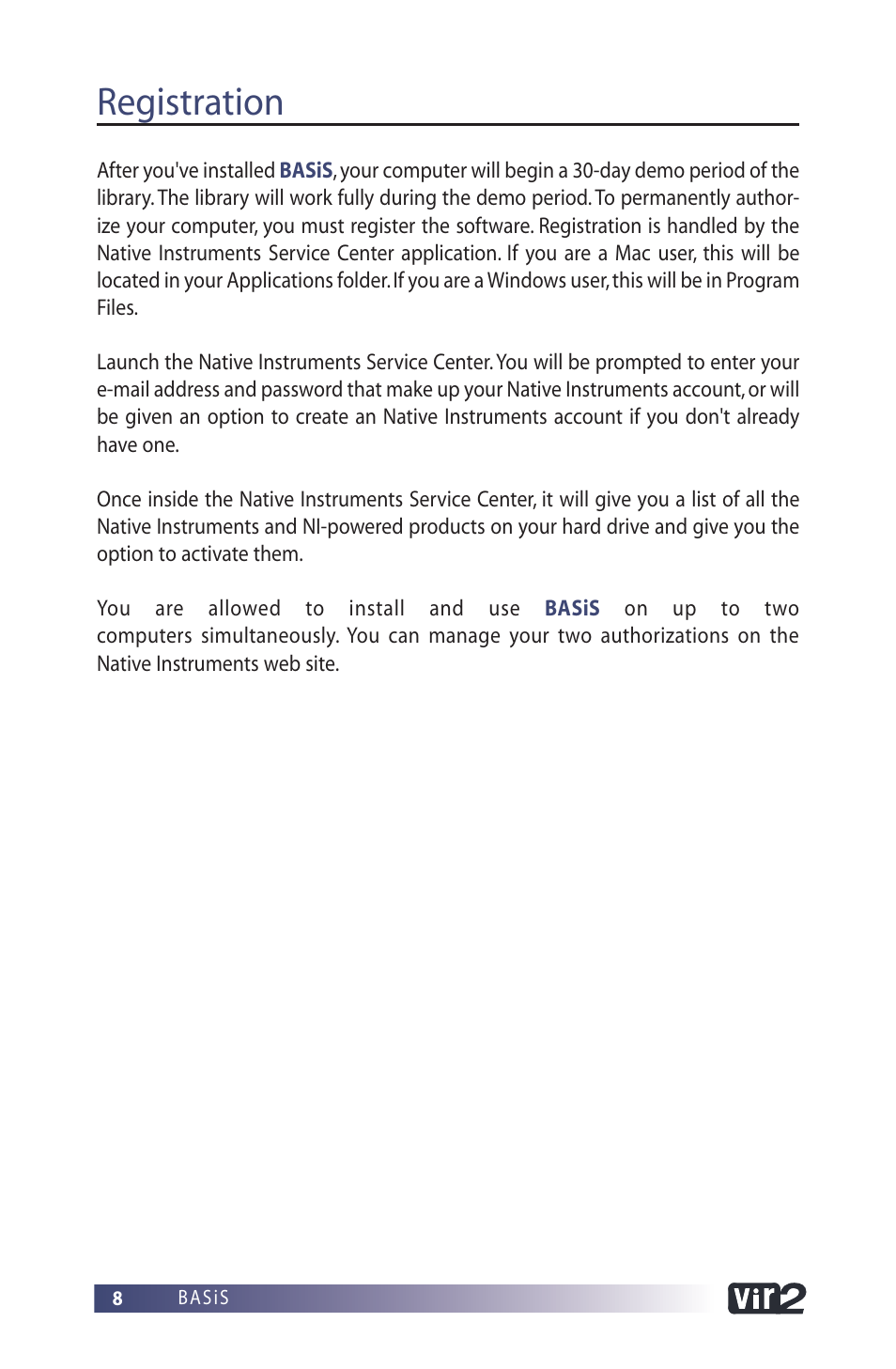 Registration | Vir2 Instruments BASiS User Manual | Page 8 / 22