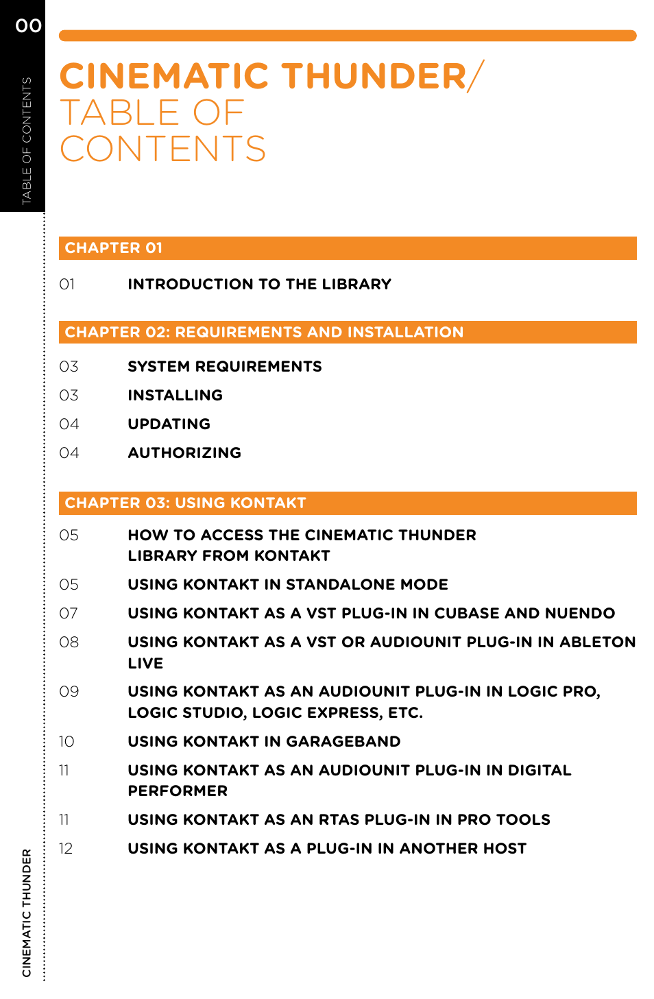 Cinematic thunder / table of contents | Vir2 Instruments Cinematic Thunder User Manual | Page 4 / 31