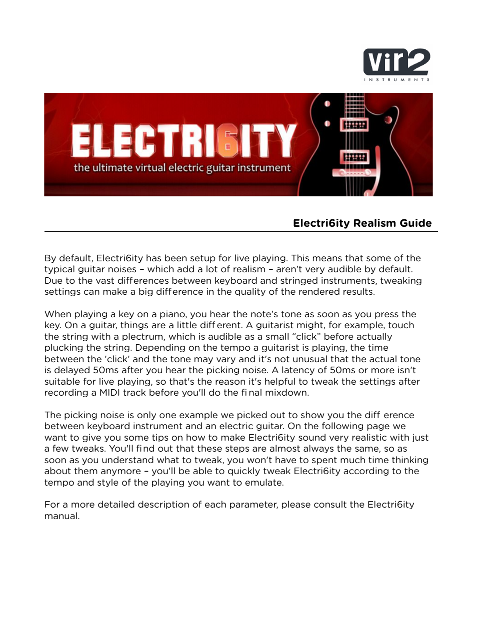 Vir2 Instruments Electri6ity Realism Guide User Manual | 4 pages