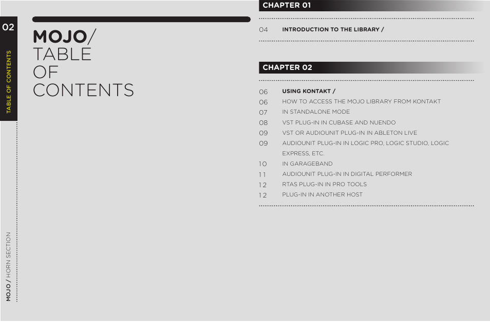 Mojo / table of contents | Vir2 Instruments MOJO User Manual | Page 6 / 40