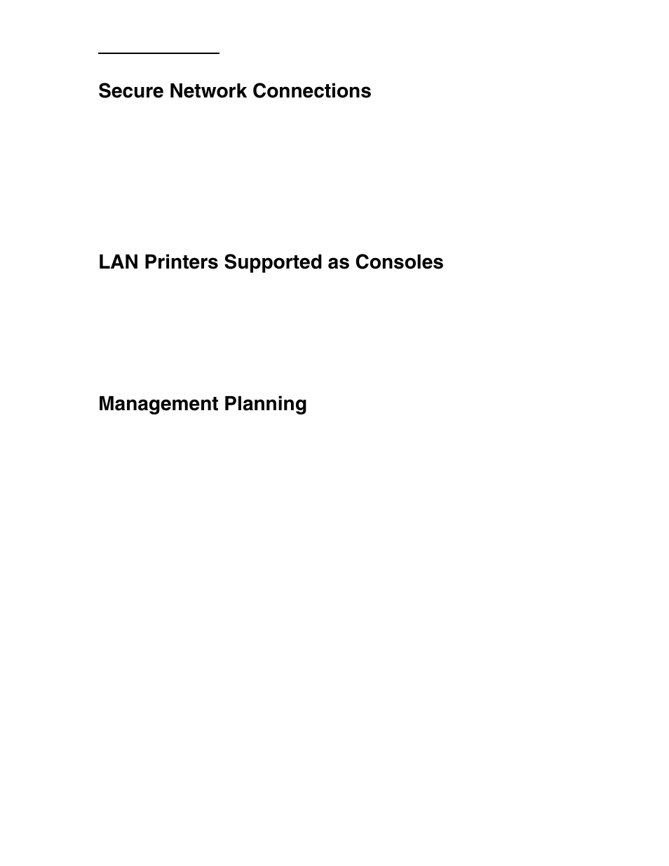 Secure network connections, Lan printers supported as consoles, Management planning | Visara CCA-3074 Planning Guide User Manual | Page 23 / 66