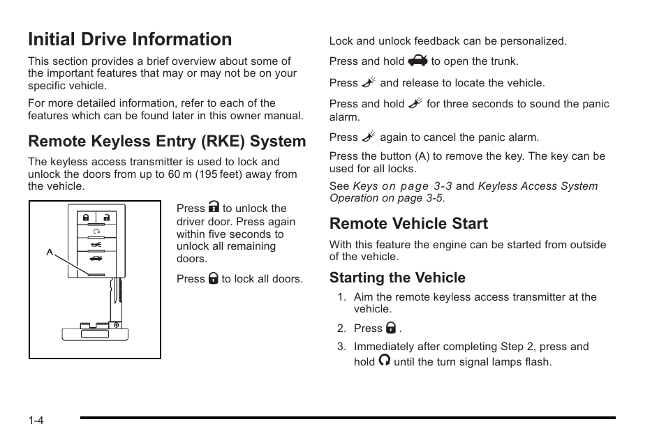 Initial drive information, Remote keyless entry (rke) system, Remote vehicle start | Initial drive information -4, Vehicle personalization, Starting the vehicle | Cadillac 2010 STS User Manual | Page 10 / 536