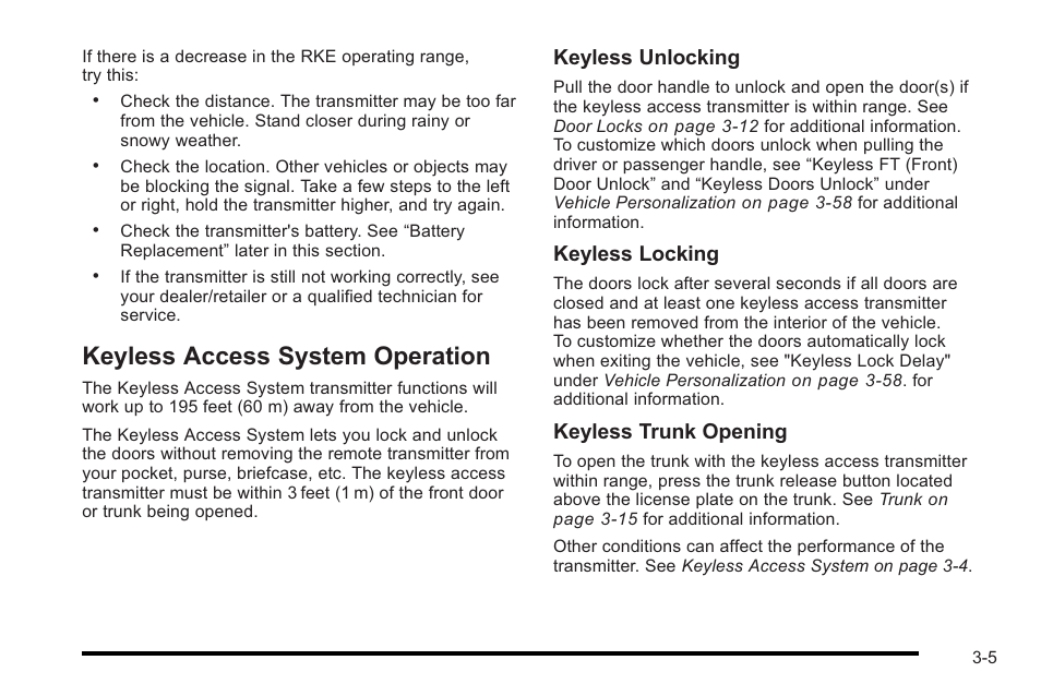 Keyless access system operation, Keyless access system operation -5, Ignition | Keyless unlocking, Keyless locking, Keyless trunk opening | Cadillac 2010 STS User Manual | Page 105 / 536