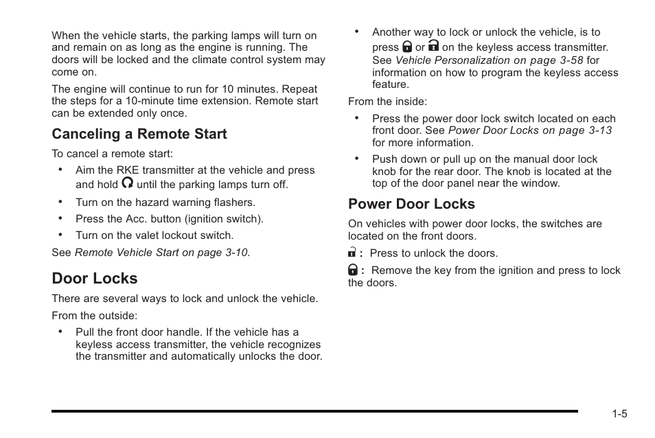 Door locks, Door locks -5, Canceling a remote start | Power door locks | Cadillac 2010 STS User Manual | Page 11 / 536