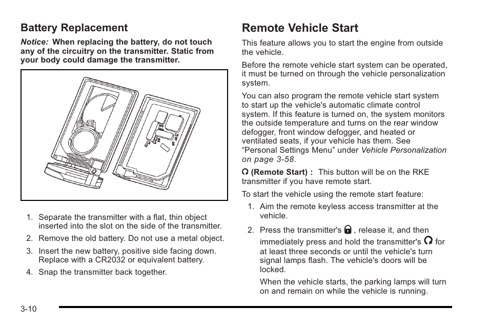 Remote vehicle start, Remote vehicle start -10, Battery replacement | Cadillac 2010 STS User Manual | Page 110 / 536