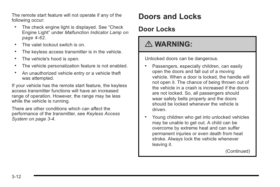 Doors and locks, Door locks, Doors and locks -12 | Service, Door locks -12, Warning | Cadillac 2010 STS User Manual | Page 112 / 536