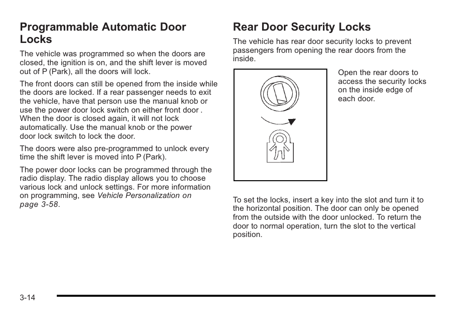Programmable automatic door locks, Rear door security locks | Cadillac 2010 STS User Manual | Page 114 / 536
