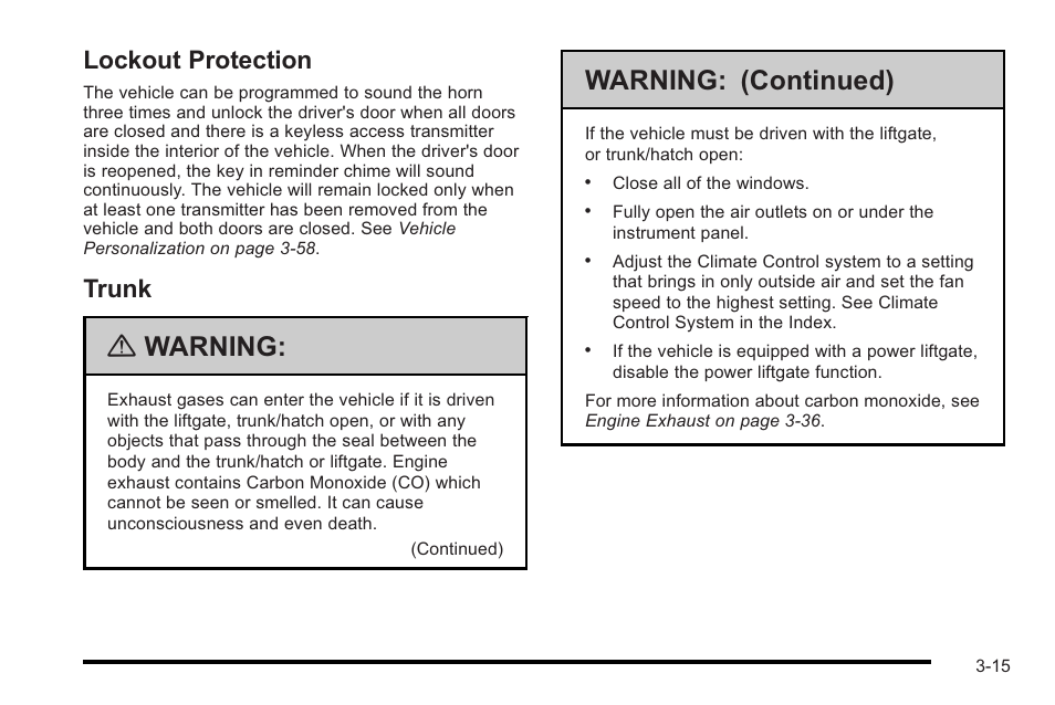 Lockout protection, Trunk, Lockout protection -15 trunk -15 | Parking, Warning, Warning: (continued) | Cadillac 2010 STS User Manual | Page 115 / 536