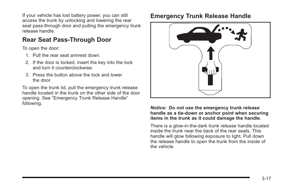 Rear seat pass-through door, Emergency trunk release handle | Cadillac 2010 STS User Manual | Page 117 / 536