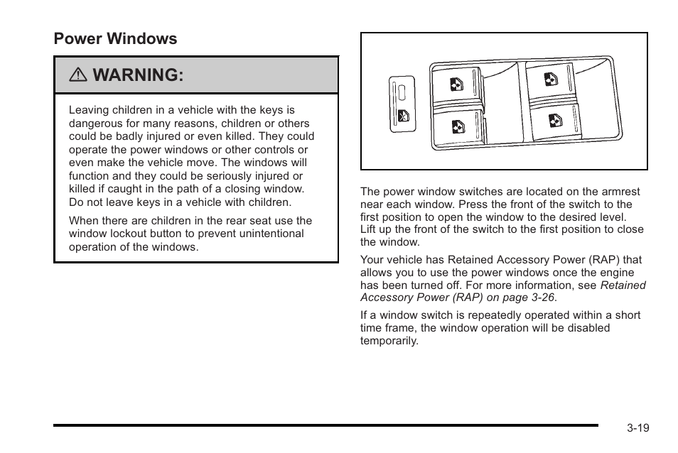 Power windows, Power windows -19, Warning | Cadillac 2010 STS User Manual | Page 119 / 536