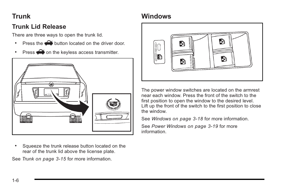 Trunk, Windows, Trunk -6 windows -6 | Trunk lid release | Cadillac 2010 STS User Manual | Page 12 / 536