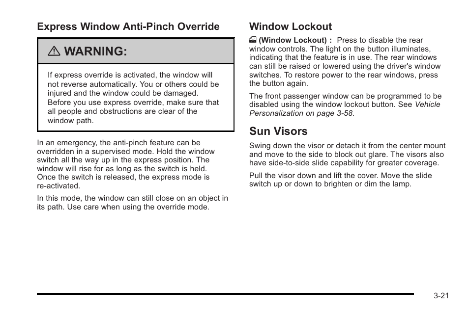 Sun visors, Sun visors -21, Warning | Cadillac 2010 STS User Manual | Page 121 / 536