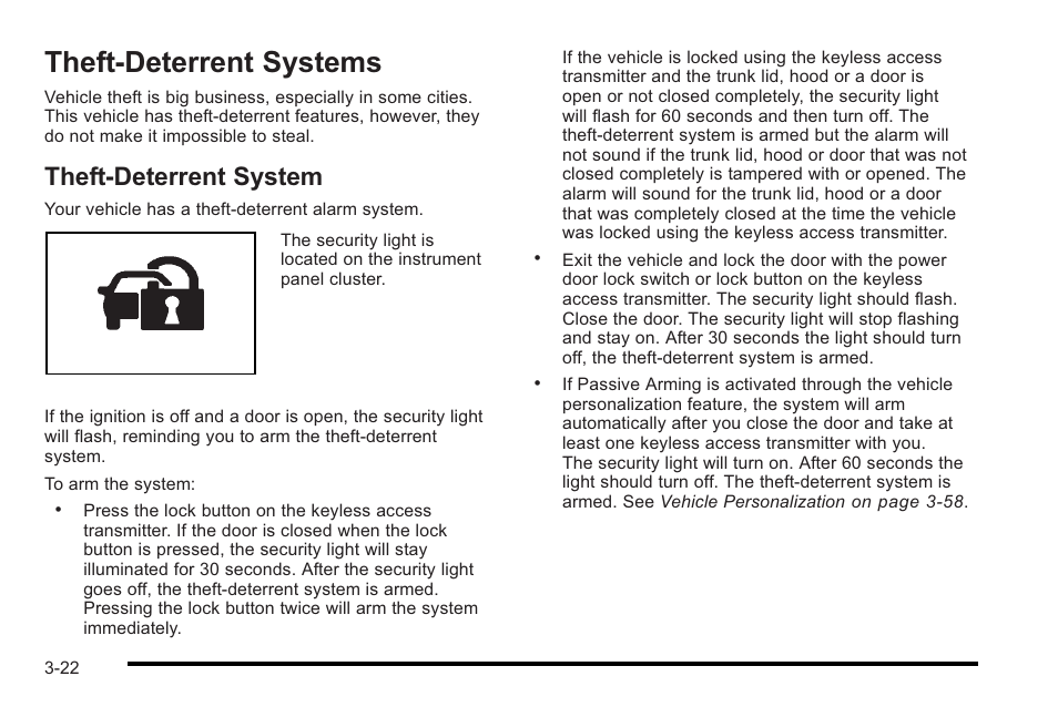 Theft-deterrent systems, Theft-deterrent system, Theft-deterrent systems -22 | Checking, Theft-deterrent system -22 | Cadillac 2010 STS User Manual | Page 122 / 536
