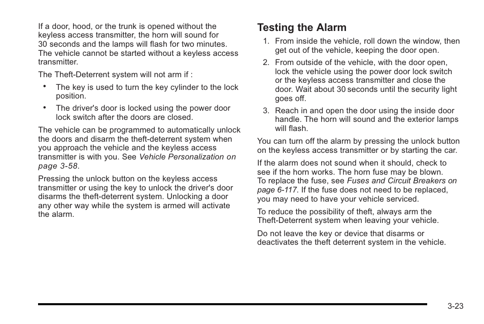 Testing the alarm | Cadillac 2010 STS User Manual | Page 123 / 536