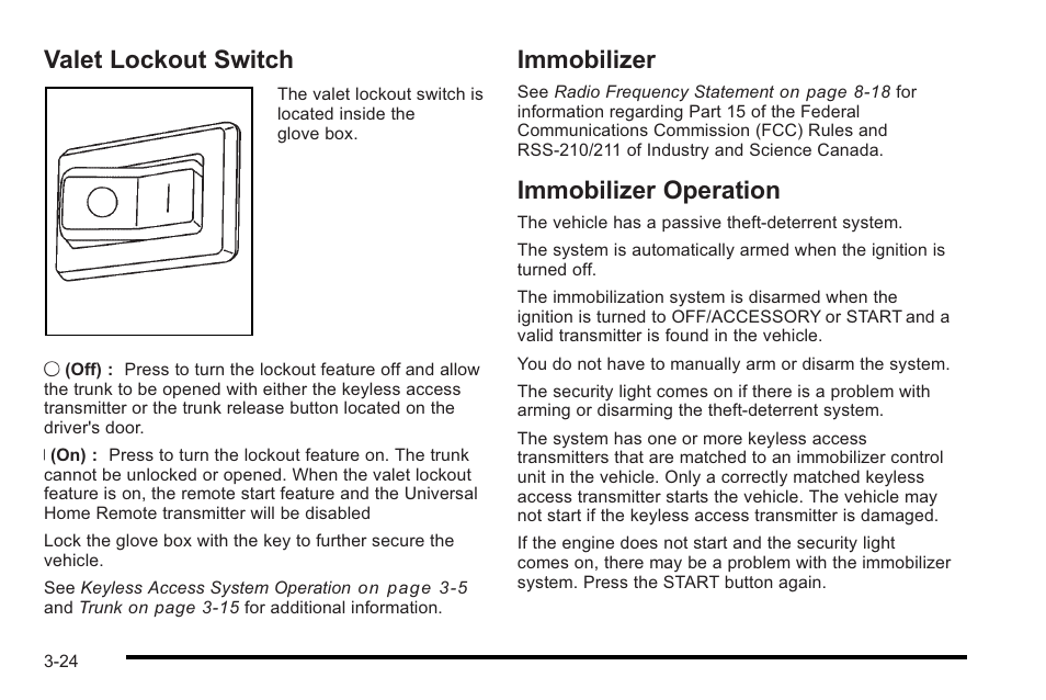 Valet lockout switch, Immobilizer, Immobilizer operation | Cadillac 2010 STS User Manual | Page 124 / 536