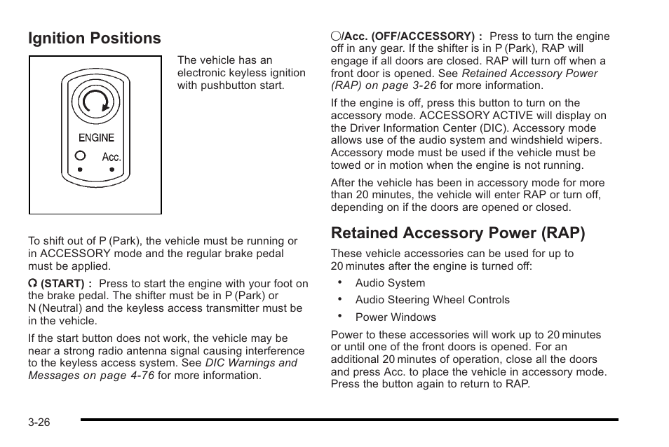 Ignition positions, Retained accessory power (rap), Positions -26 retained accessory power (rap) -26 | Cadillac 2010 STS User Manual | Page 126 / 536